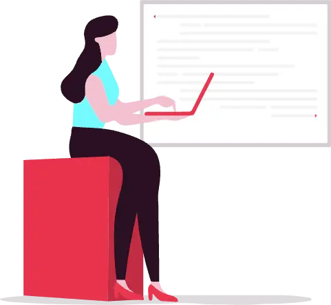 An illustration of a woman sitting on a red cube, pressing a button on her laptop, with a whiteboard behind her.