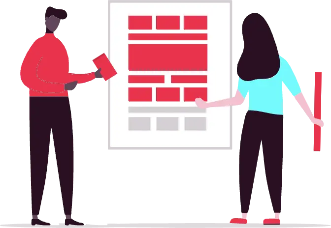 An illustration of a woman and a man both holding red blocks of different sizes in front of a whiteboard which is displaying a puzzle made of red blocks of various sizes with a few blocks missing.
