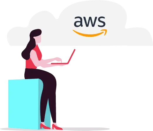 An illustration of a woman pressing a button on her laptop. A cloud shape behind her says "AWS".