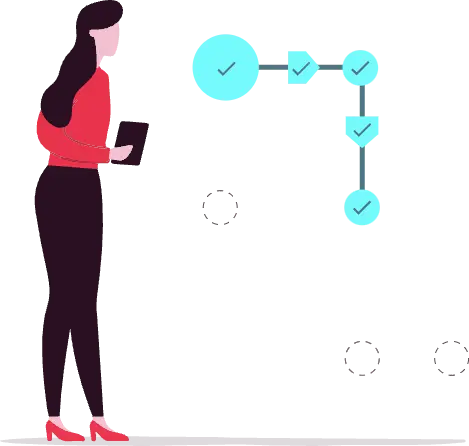 An illustration of a woman holding a tablet. The graph representing a user journey is on the wall behind her. 