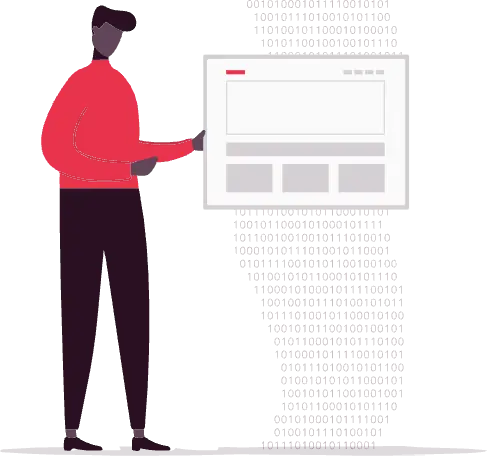 An illustration of a man holding a large poster on which a set of low fidelity web page components is displayed.