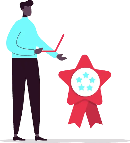 An illustration of a man holding a laptop and pointing at a five star award badge.