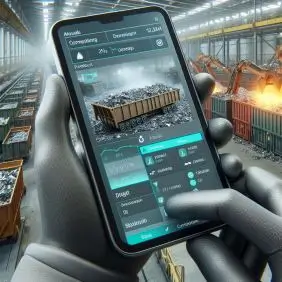 Person wearing gloves holding a smartphone in an industrial setting. The phone's screen displays an app interface with information about a dumpster filled with metal scrap, including options like "Input" and "Output." In the background, the interior of a large factory or warehouse is visible, with conveyor belts, machinery, and more dumpsters filled with scrap. Bright lights illuminate the scene, and there is a fiery glow from a machine processing metal in the distance.