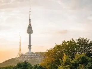 Namsan Seoul Tower, a tall communications tower standing atop a hill, surrounded by lush greenery. The tower rises prominently against a soft, pastel sky, suggesting early morning or late afternoon light. The structure is sleek and modern, with a large observation deck near the top. Another, smaller antenna tower stands nearby.