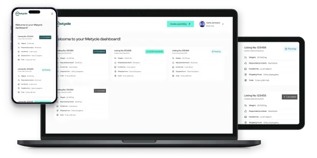 METYCLE seller dashboard platform with a few orders being shown, displayed in the screens of an iPhone, an iMac and an iPad, for demonstration purposes