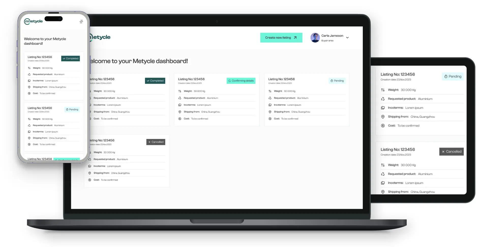 METYCLE seller dashboard platform with a few orders being shown, displayed in the screens of an iPhone, an iMac and an iPad, for demonstration purposes