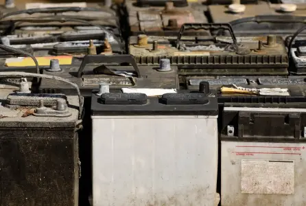 The image shows a collection of old, used car lead batteries lined up in rows. The batteries are various sizes and shapes, with many showing signs of wear, dirt, and corrosion. Some of the battery casings are discolored or stained, and the terminals are corroded or rusted. 