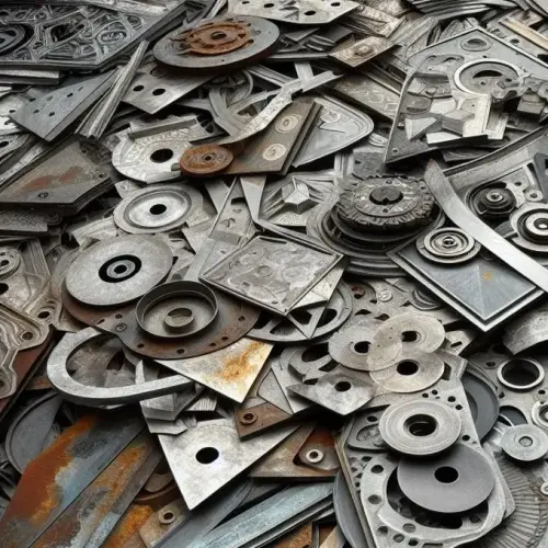 The image depicts a pile of various metal zinc parts, including gears, plates, and other mechanical components. The parts are of different shapes and sizes, some are rusty while others have a more polished appearance. Collection of scrap metal or disassembled machinery, with a variety of circular, angular shapes.