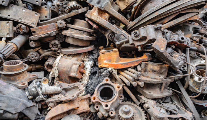 Scrap metal including tools and pieces of engine