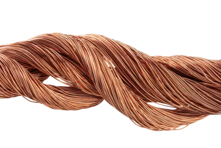 Close-up of a thick bundle of twisted copper wires. The wires are tightly wound together, forming a rope-like structure. The copper strands are smooth, with a shiny reddish-brown color characteristic of the metal. The twisting pattern creates a visually appealing texture, with individual strands clearly visible. The background is plain and white, making the copper wire bundle the focal point of the image.