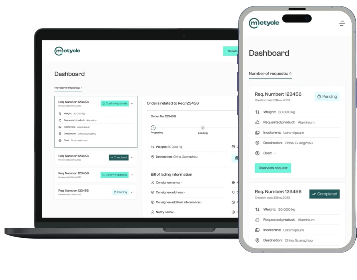 METYCLE buyer platform displayed in iPhone and in MacBook screens for demonstration purposes. The buyer dashboard has requests with their respective orders listed and their details shown in order to follow up the status of the order