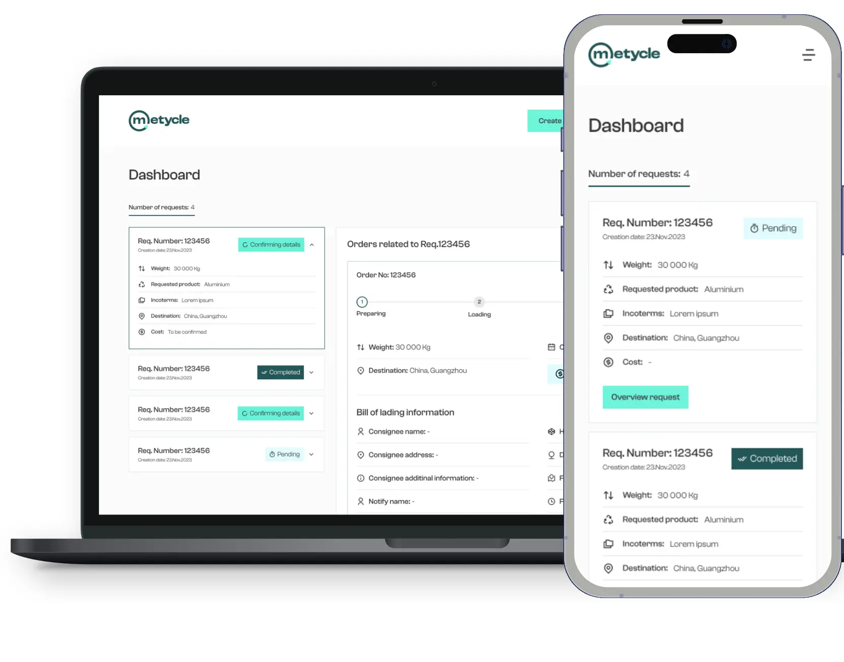 METYCLE buyer platform displayed in iPhone and in MacBook screens for demonstration purposes. The buyer dashboard has requests with their respective orders listed and their details shown in order to follow up the status of the order