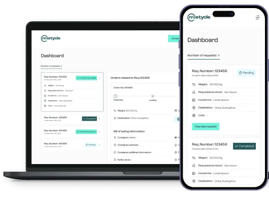 METYCLE buyer platform displayed in iPhone and in MacBook screens for demonstration purposes. The buyer dashboard has requests with their respective orders listed and their details shown in order to follow up the status of the order