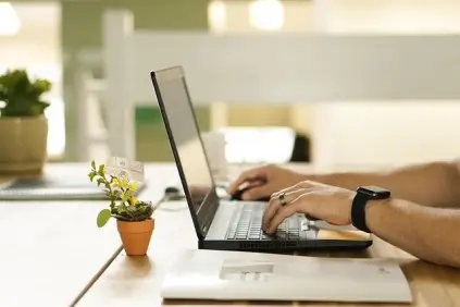 Person typing on a laptop at a modern, minimalistic workspace. The individual, wearing a smartwatch, is focused on the keyboard. A small potted plant adds a touch of greenery to the desk, along with a white notebook placed beside the laptop. The background is softly blurred.