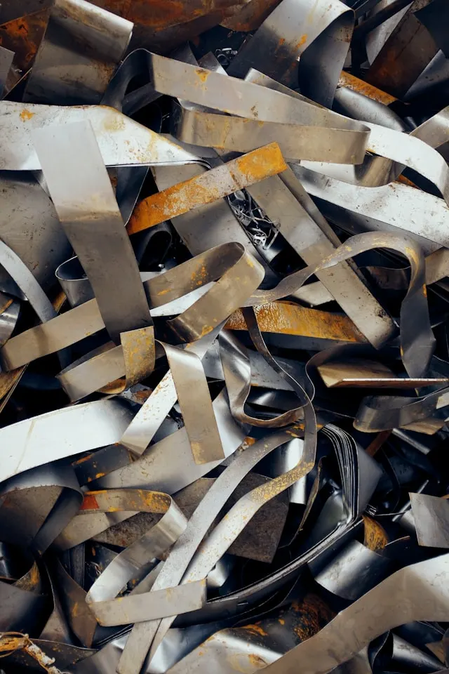 Tangled pile of scrap aluminum metal strips. The strips are long, flat, and twisted, with varying shades of metallic silver and some areas showing signs of rust. The metal pieces are overlapping and interwoven, creating a dense pattern. The different textures of the metal, from shiny and smooth to dull and corroded, are evident. 