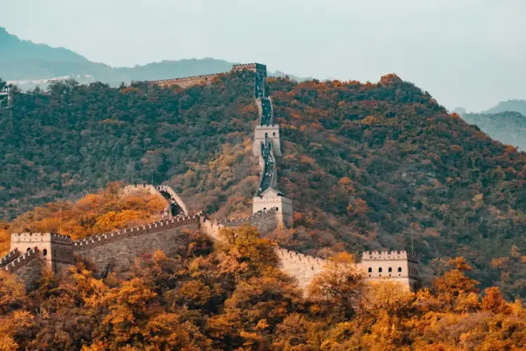 Section of the Great Wall of China winding over lush, hilly terrain covered in autumn foliage. The wall, made of stone and brick, stretches across the mountains, with watchtowers punctuating its length. The foliage is vibrant, with a mix of orange, yellow, and green leaves, highlighting the season. The mountains in the background are shrouded in a light mist, adding a sense of depth and majesty to the scene.