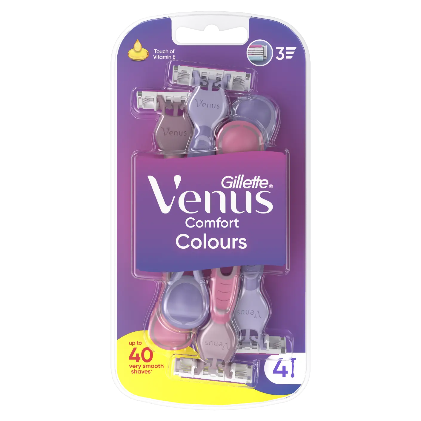 Gillette Venus Comfort Colours förpackning med 4 engångsrakhyvlar i rosa, lila, blå och gröna färger med 3 blad