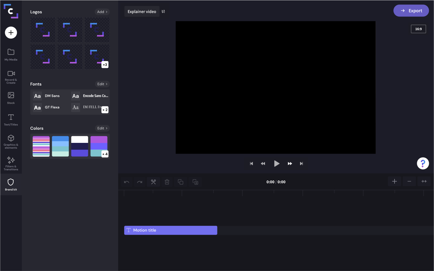 The brand kit tab open in the Clipchamp video editor.