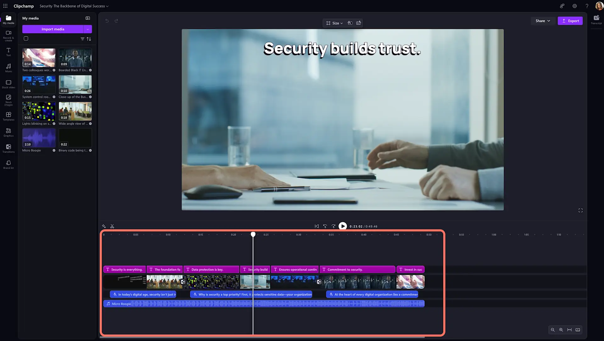 A user previewing video assets inside Clipchamp video editor for work