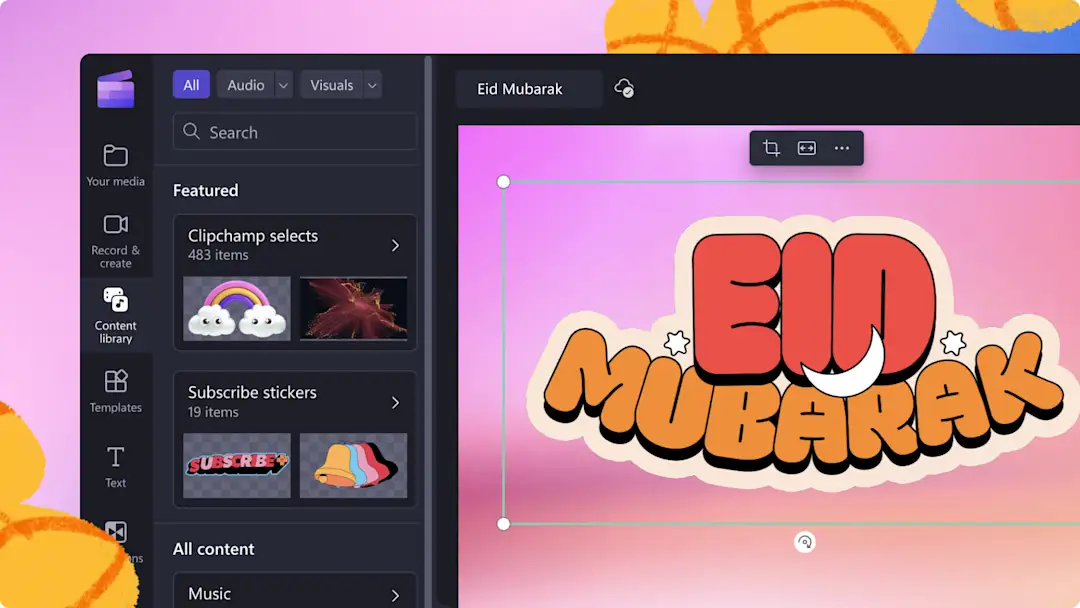 Como criar um vídeo de celebração do Eid no Clipchamp usando fundos coloridos e stickers