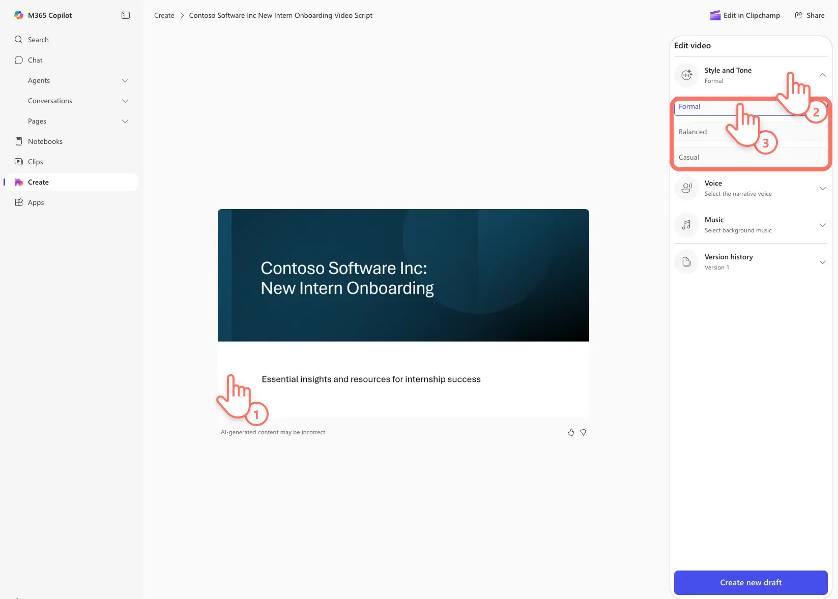 A user customizing a video presentation voiceover in Create Hub
