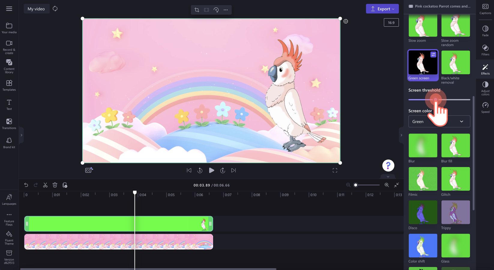 An image of a user editing the green screen threshold with the slider.