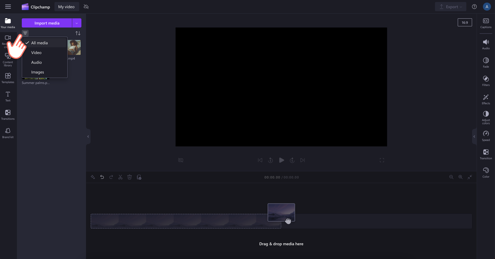 Image of a user finding their imported media and then filtering their search results in Clipchamp.
