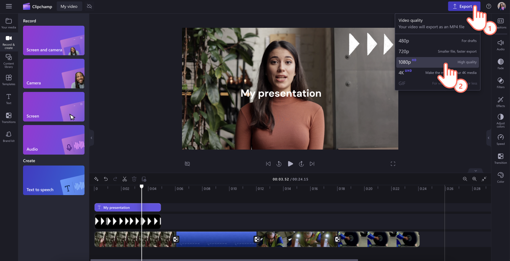An image of a user saving a video in 1080p video resolution.
