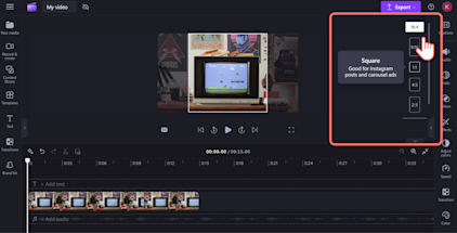 Imagen de un usuario de Clipchamp cambiando la relación de aspecto de su vídeo.