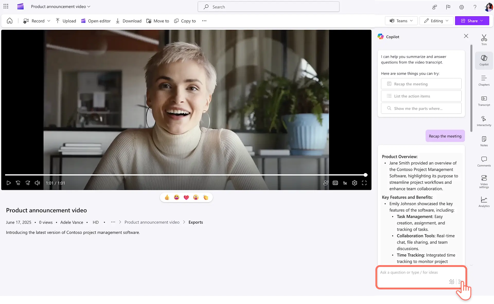 Un usuario haciendo preguntas de seguimiento a Copilot después de generar un resumen de vídeo