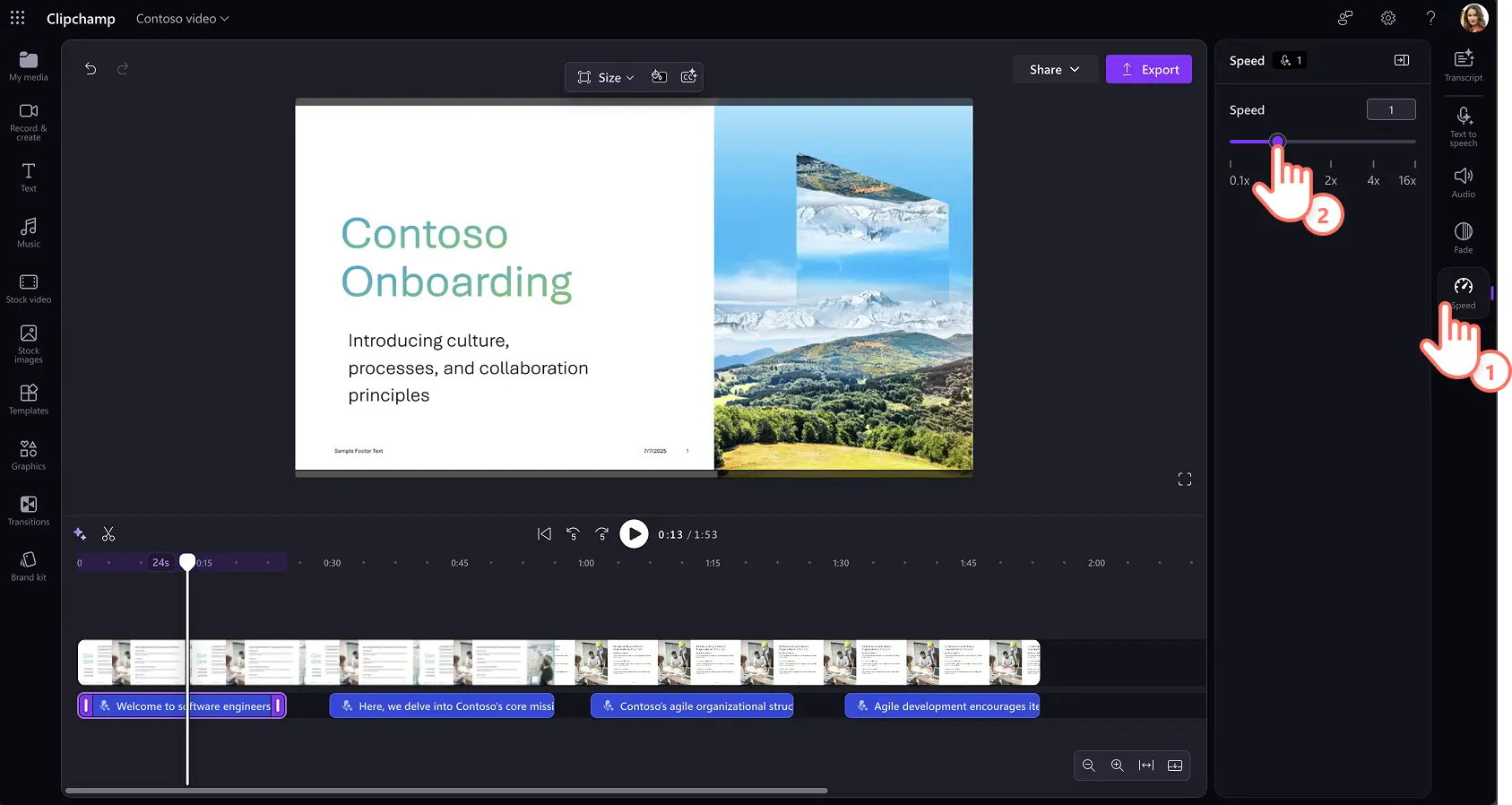 A user increasing and decreasing speed of AI voiceover in Clipchamp