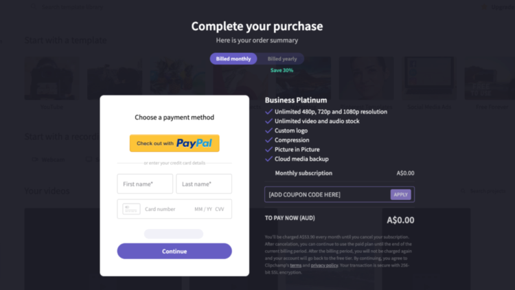 How to apply the code TRIAL14 in the coupon box to reduce the cost to $0, then choose a payment method and click Continue for 14 days free Business Platinum.