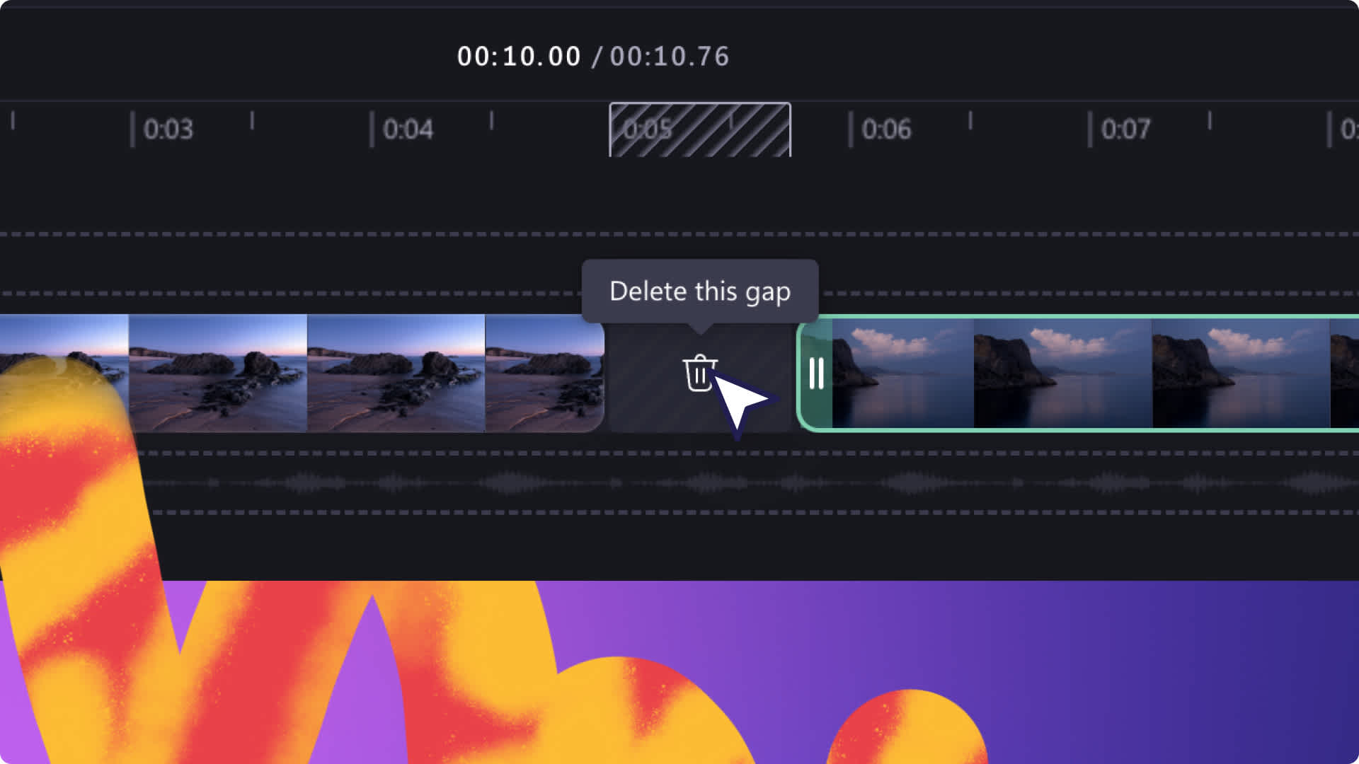 En markør holdes over ikonet for fjerning av mellomrom, på tidslinjen, i videoredigeringsprogrammet Clipchamp.