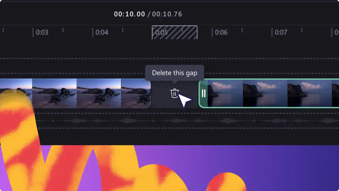 Ein Cursor bewegt sich über das Symbol zum Entfernen von Lücken auf der Zeitleiste im Clipchamp-Video-Editor.