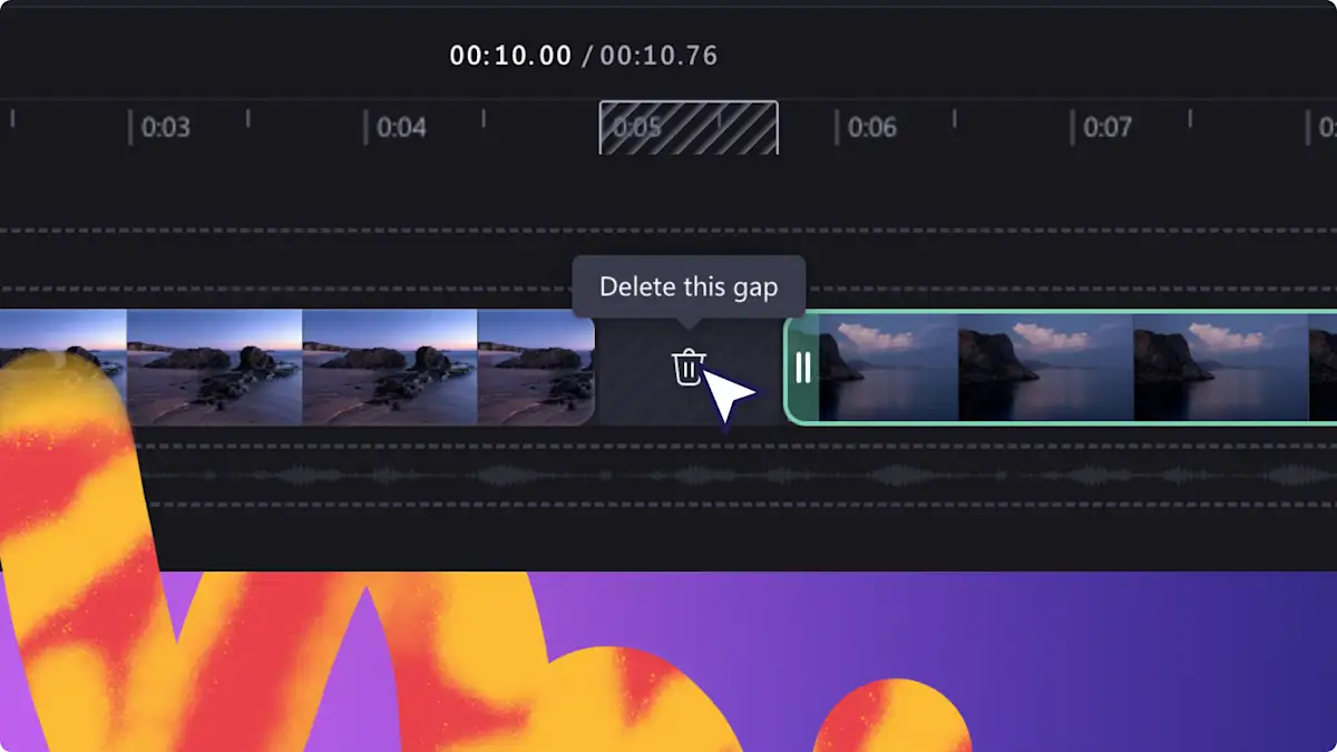 En markör hovrar över ikonen för avlägsnande av mellanrum på tidslinjen i Clipchamps videoredigerare.