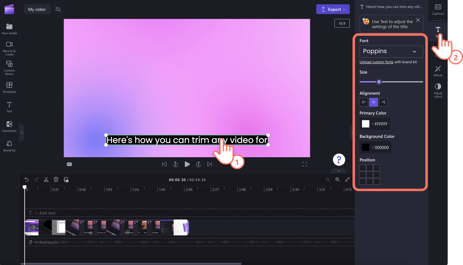 An image of a user editing the appearence of subtitles using the text tab.