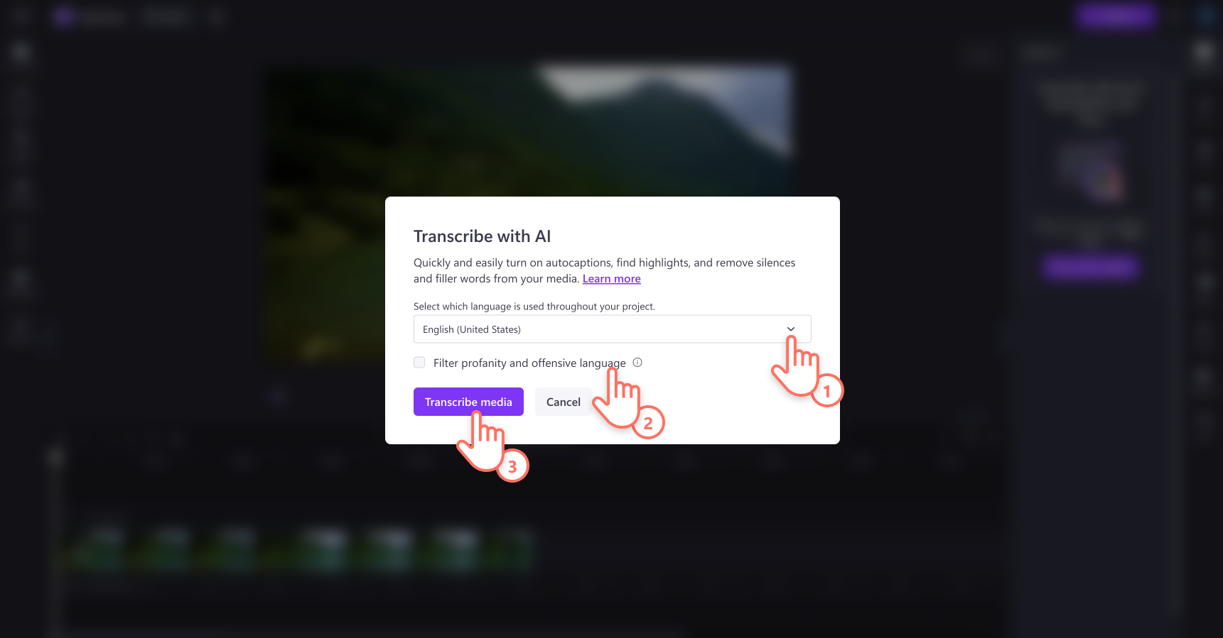Image of a user selecting the language, checking the profanity filter, and transcribing media using autocaptions in Clipchamp.