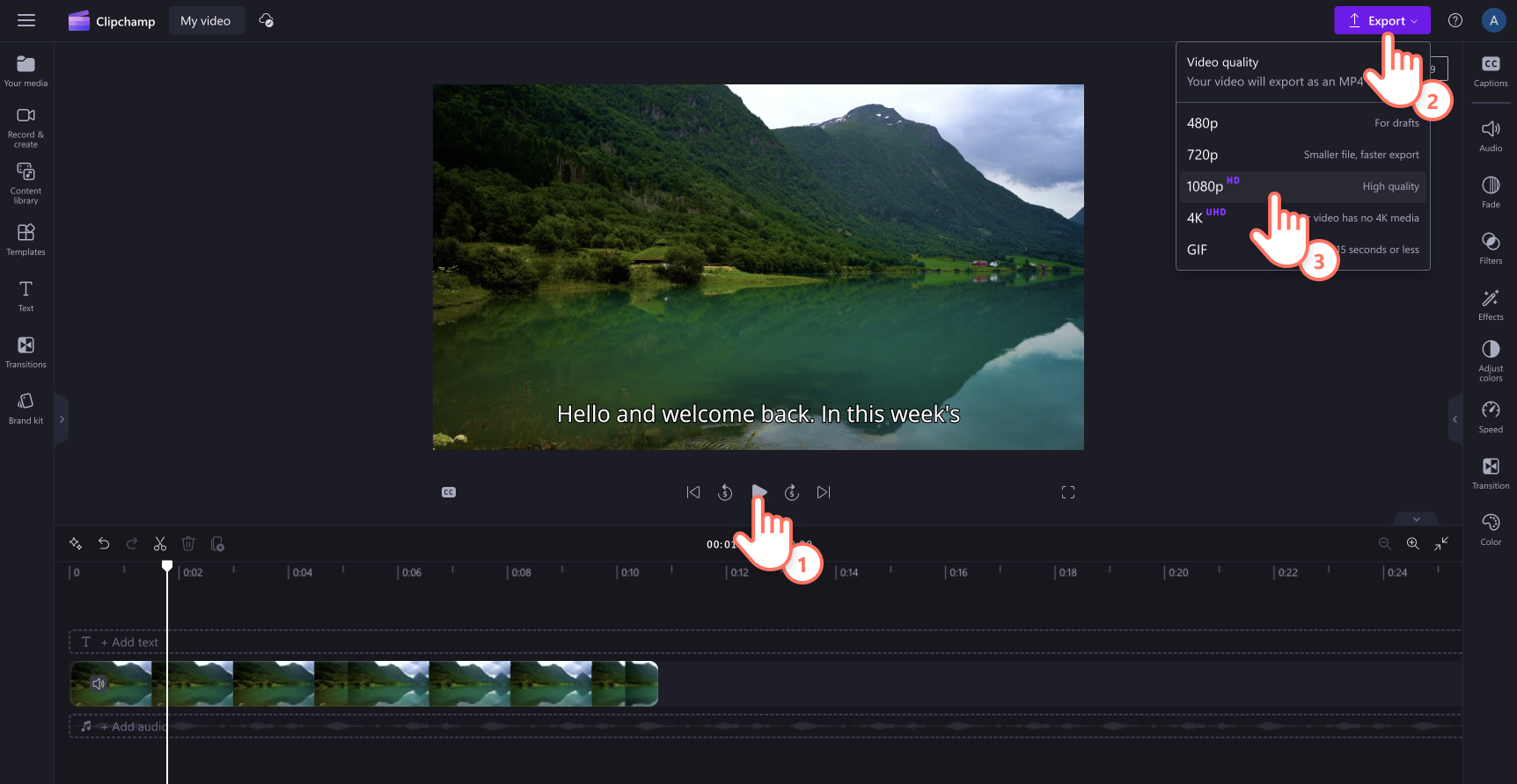 Image of a user previewing then exporting their video with subtitles at 1080p in Clipchamp.