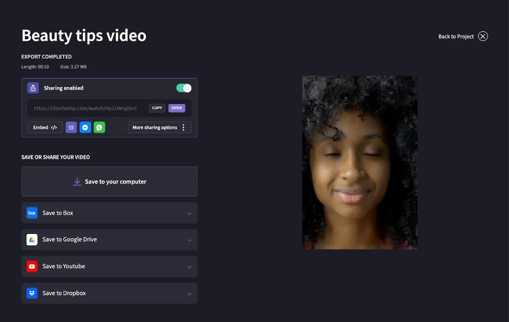 Screenshot of the Clipchamp video editor export page. 
