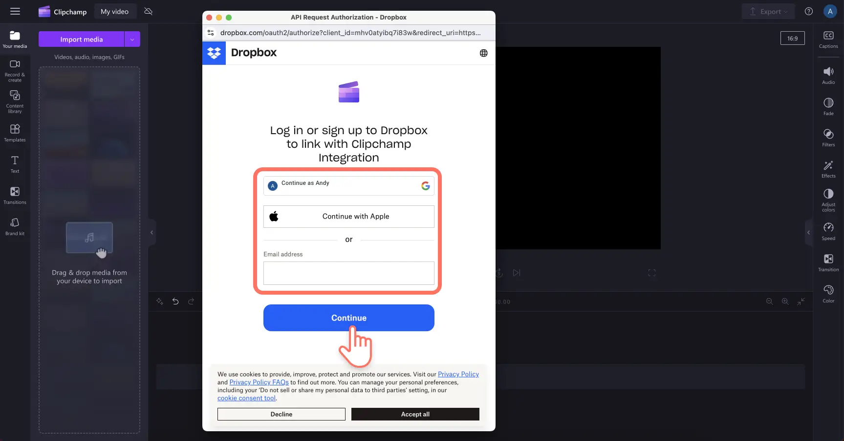 Clipchamp ile bağlantı kurmak için Dropbox’ta oturum açan bir kullanıcının resmi.