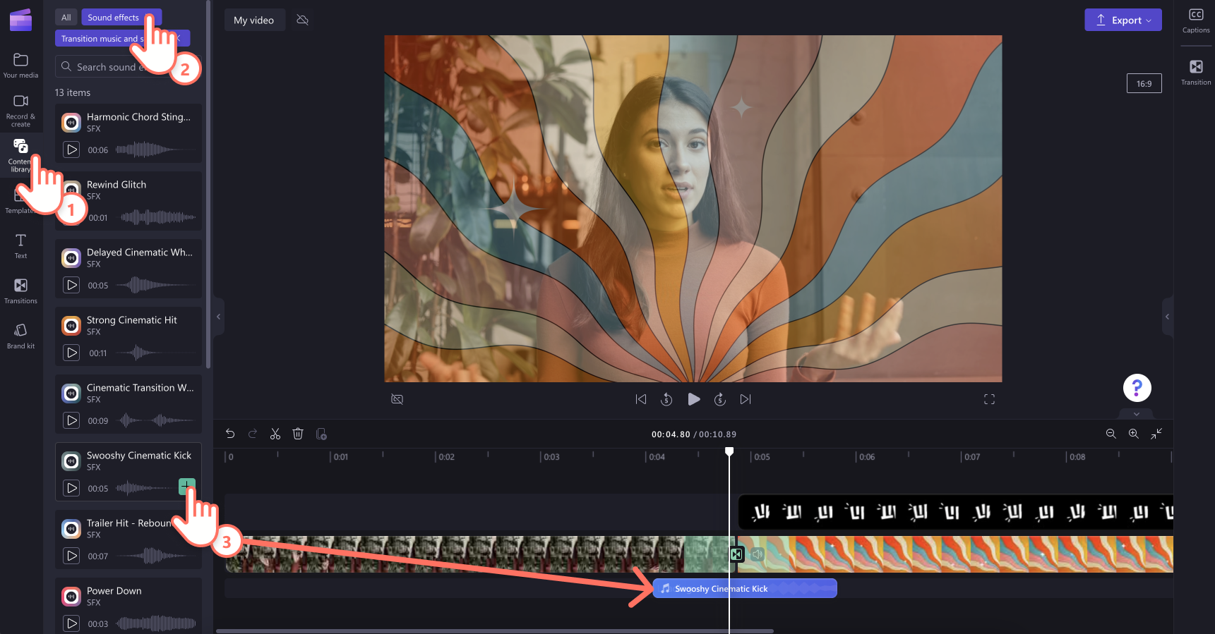 Image d’un utilisateur ajoutant un effet sonore sous une transition sur la chronologie.