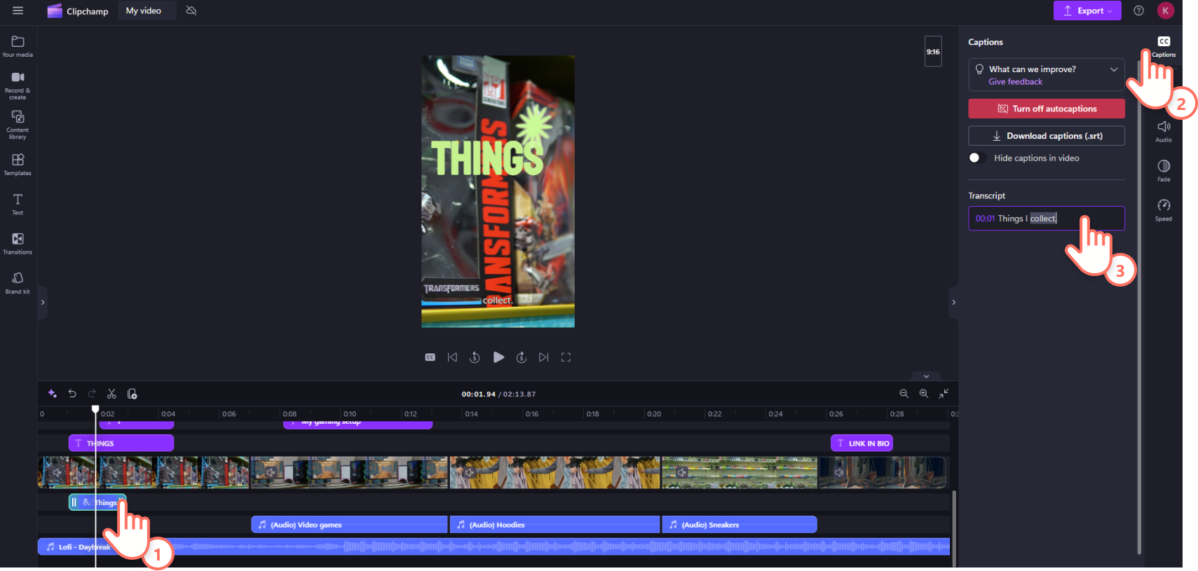 A screenshot of a Clipchamp user adding autocaptions to a video.
