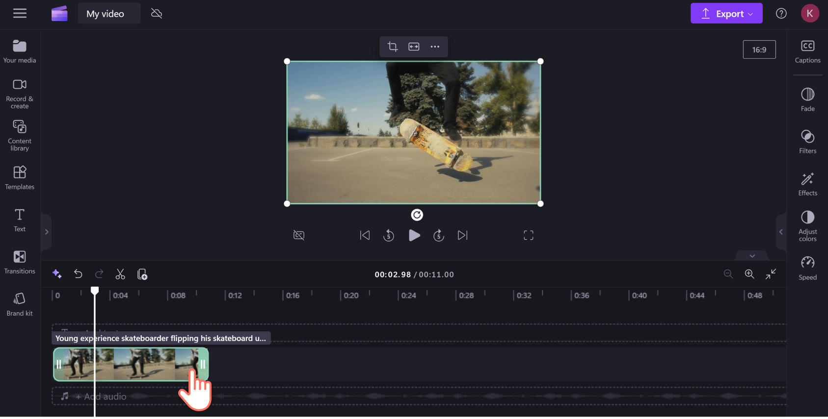 An image of a Clipchamp user trimming the length of their video.
