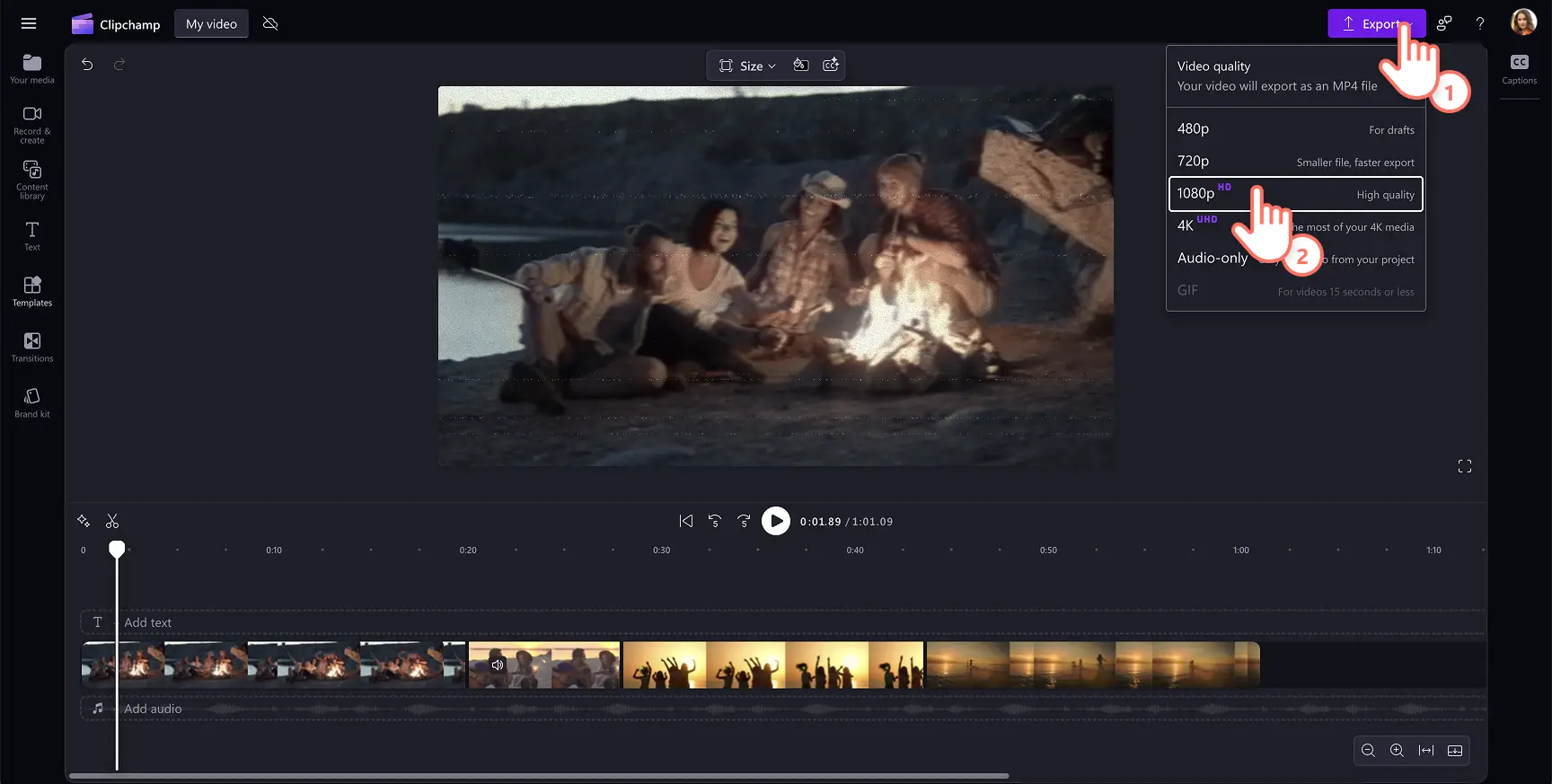 A user exporting a VHS effect video in 1080p HD in Clipchamp.