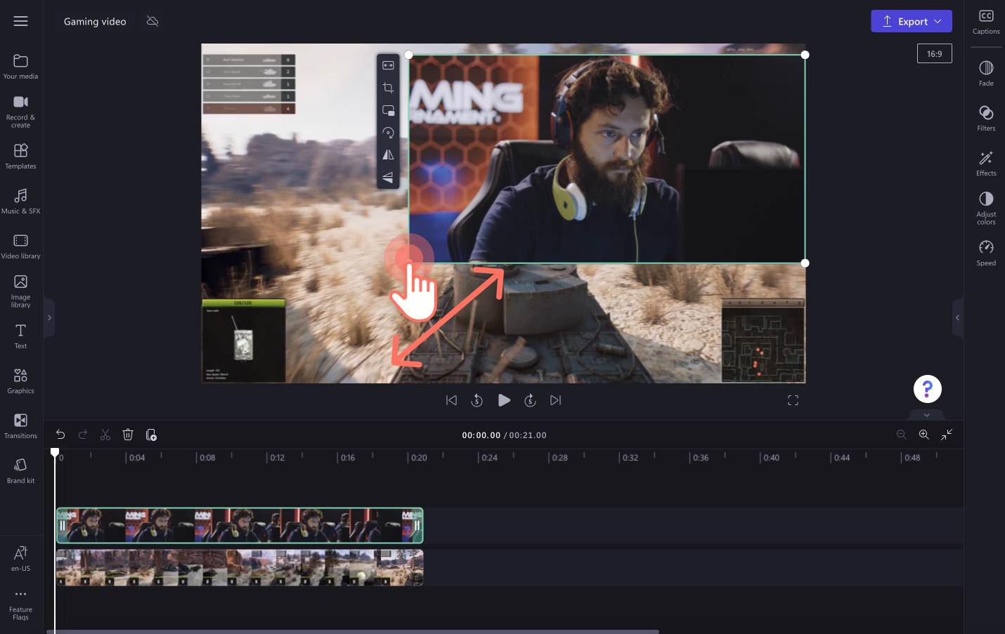 An image of a user freehand editing the size of the video overlay.