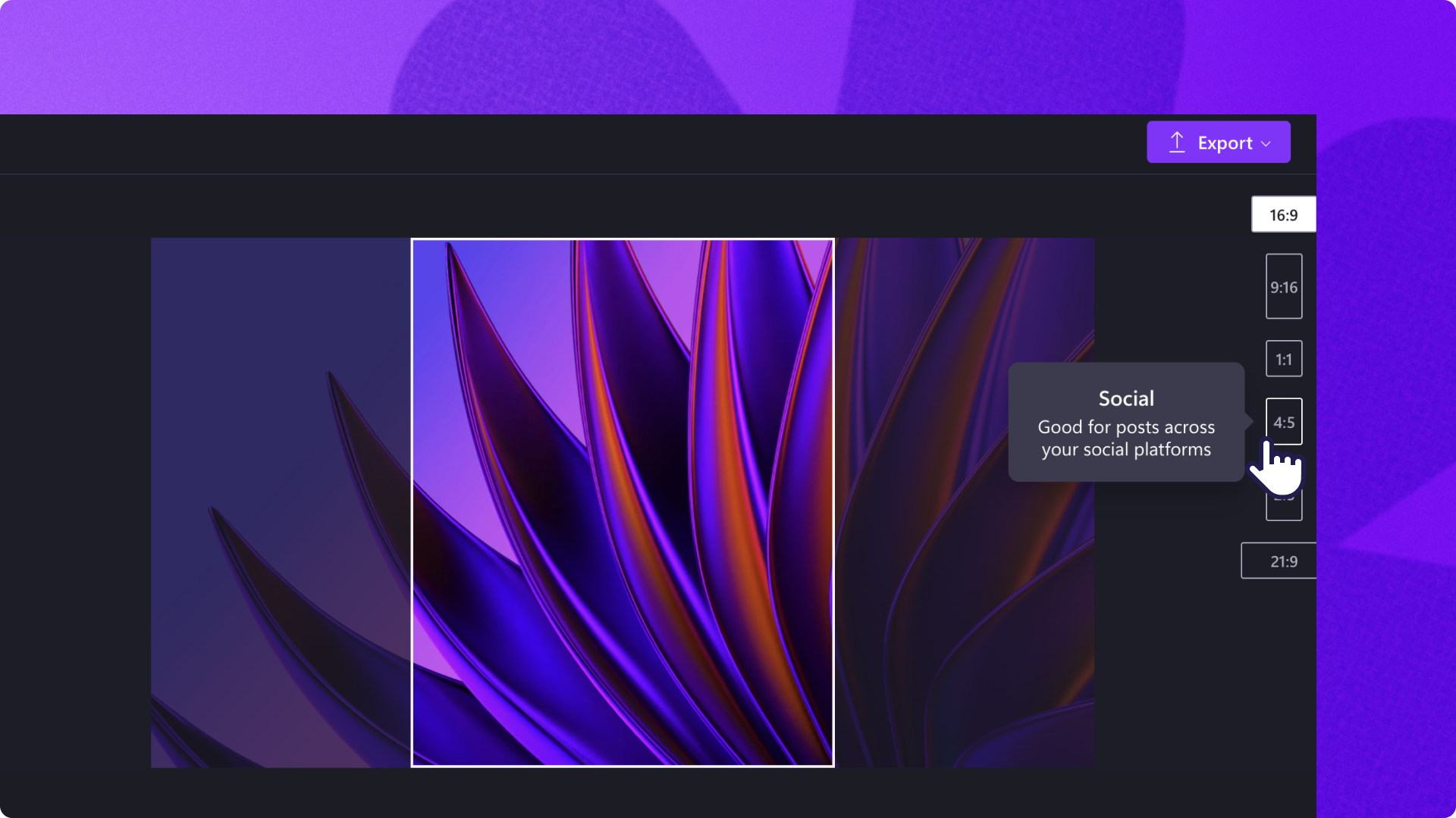 A visual of Clipchamp video editor's aspect ratio selector feature.