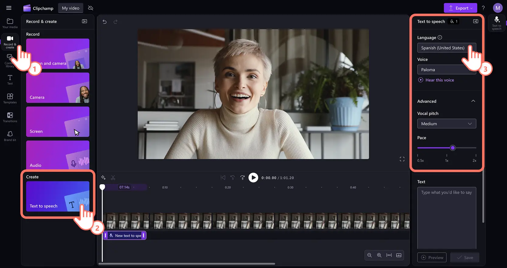 A user choosing a Spanish AI voice and style in Clipchamp video editor.