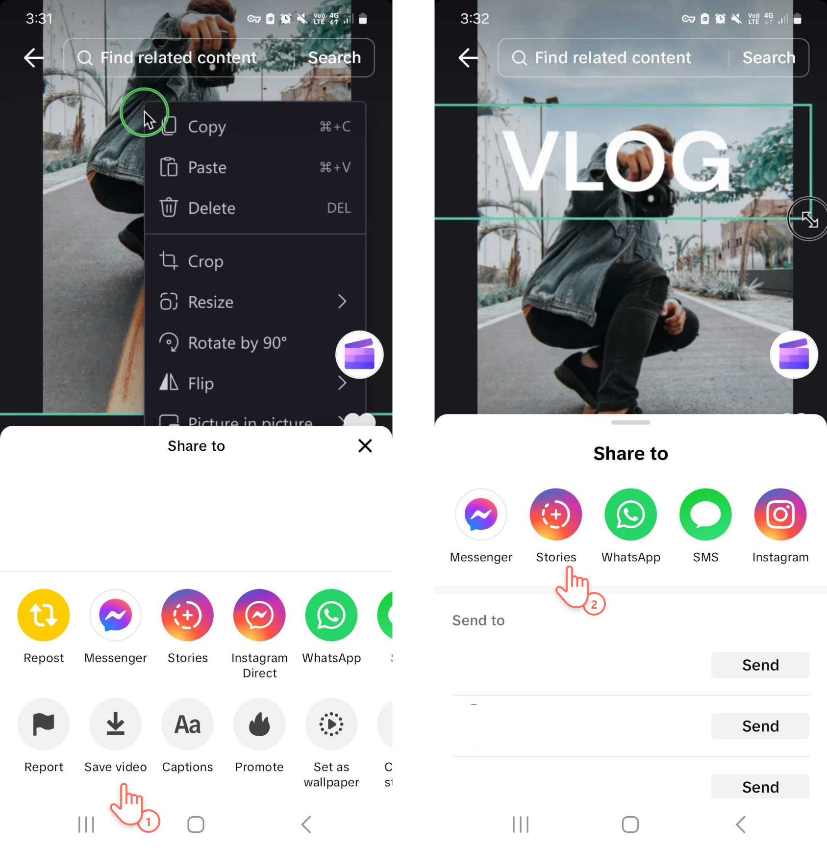 An image of a Clipchamp user saving a video from TikTok and sharing directly to Instagram Stories.