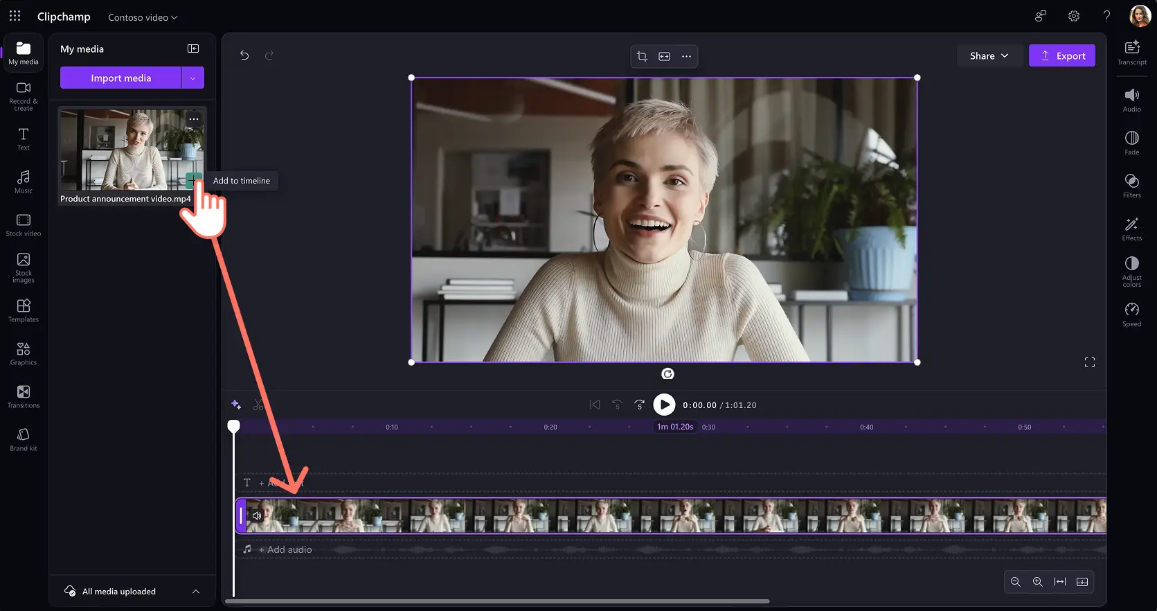 A user adding a company announcement video into Clipchamp for work
