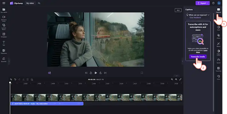 ユーザーがキャプションをクリックし、メディアを文字起こしして自動キャプションを生成する様子の画像。